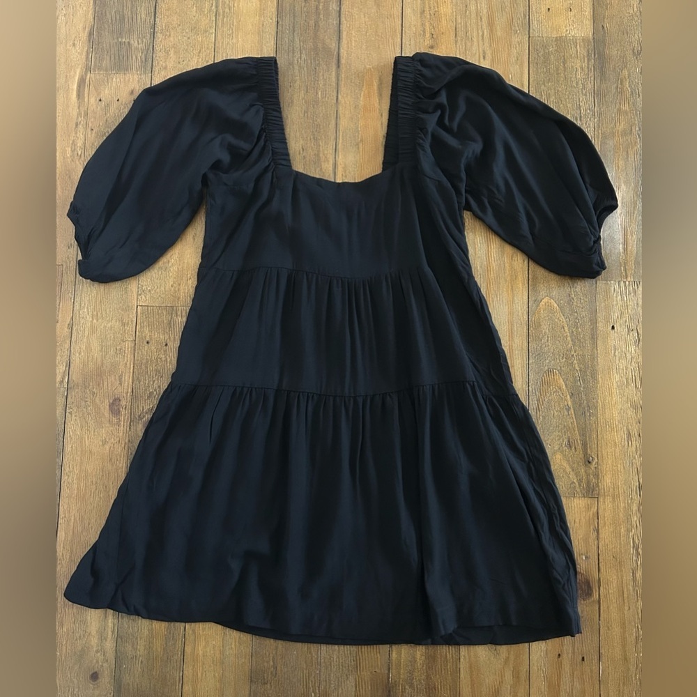 Shine Star Black Puff Sleeve Babydoll Mini Dress | Square Neck Boho Cottagecore - Picture 5 of 12